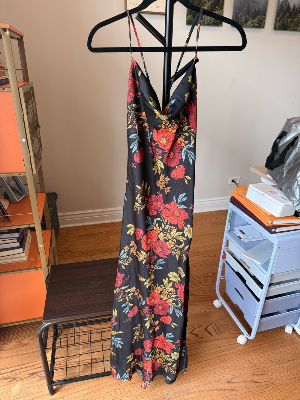 12th Tribe Floral Slip Maxi Dress - Black with Floral Print and Slit